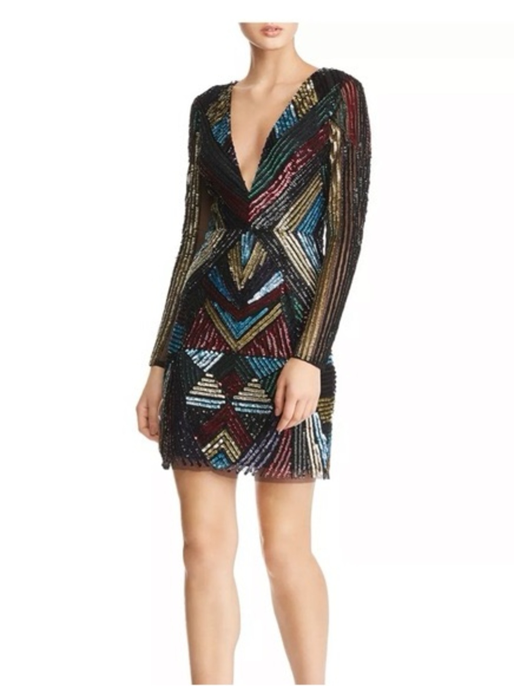Aidan Mattox Multi-Color Sequin V-Neck Long Sleeve Party Mini Dress